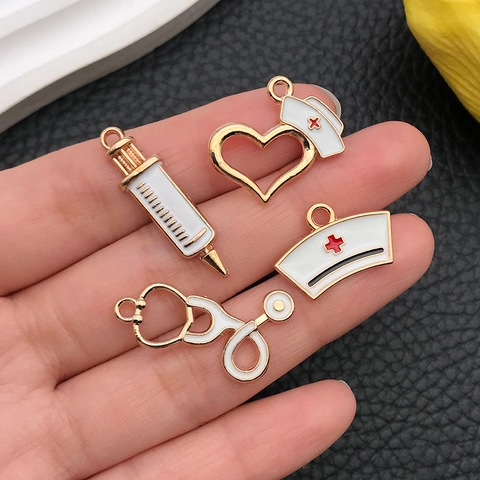 Medical Nurse Theme DIY Alloy Enamel Pendant Charms Stethoscope Syringe Nurse Hat Heart Jewelry Accessories For Bracelets