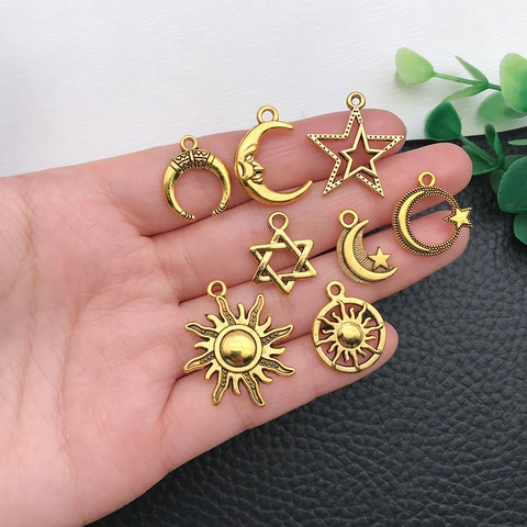 Vintage Alloy Sun Moon Star Celestial Pendants For DIY Necklace Bracelet Jewelry Making Antique Gold Color Mixed Metal Charms Handcraft Accessories