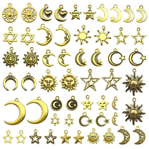 Vintage Alloy Sun Moon Star Celestial Pendants For DIY Necklace Bracelet Jewelry Making Antique Gold Color Mixed Metal Charms Handcraft Accessories