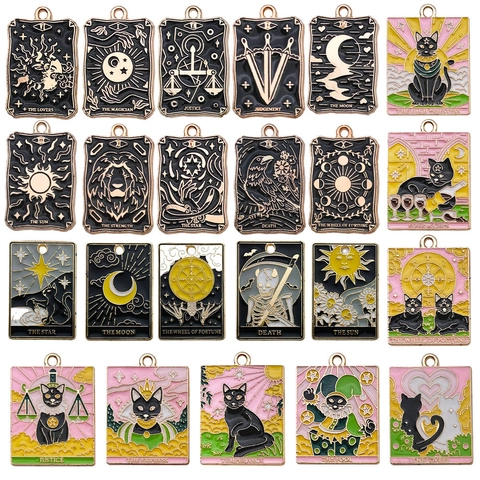 Mystic Tarot Card Alloy Enamel Charms Pendants Sun Moon Star Death Lovers Cat DIY Necklace Keychain Accessories Halloween Gift