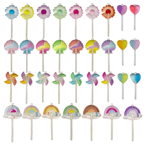 DIY Resin Lollipop Charms For Jewelry Making Gradient Candy Heart Star Flower Windmill Shell Pendants Keychain Accessories