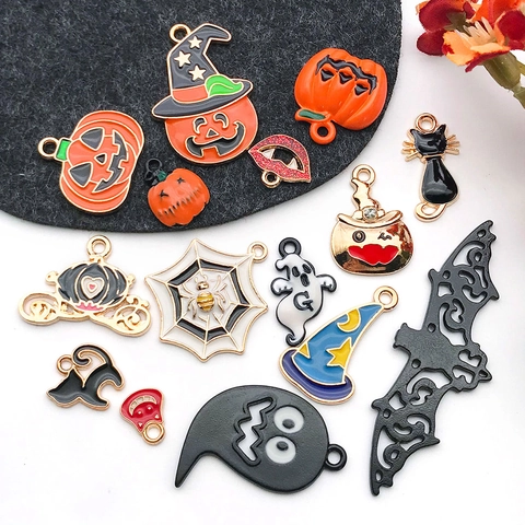 Halloween Zinc Alloy Enamel Charms Pendants Mixed Pumpkin Ghost Bat Cat Witch Hat For DIY Jewelry Making Accessories