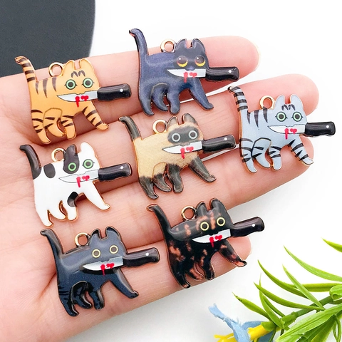 Humorous Cat With Knife Enamel Alloy Charms For DIY Necklace Keychain Making Funny Animal Meme Jewelry Accessories For Unisex