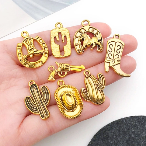 Vintage Western Cowboy Alloy Charms For Jewelry Making DIY Antique Gold Silver Cactus Hat Horseshoe Boot Pendant Accessories