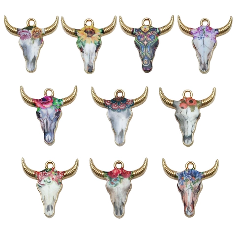 Bohemian Zinc Alloy Bull Skull Pendants For DIY Jewelry Making Floral Enamel Animal Charms Vintage Tribal Accessories