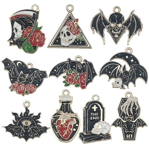 Gotische Halloween Zinklegierung Emaille Anhänger Dunkler Stil Fledermaus Totenkopf Rose Grabstein Charms Für DIY Schmuckherstellung