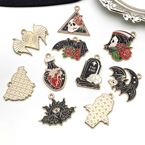 Gotische Halloween Zinklegierung Emaille Anhänger Dunkler Stil Fledermaus Totenkopf Rose Grabstein Charms Für DIY Schmuckherstellung
