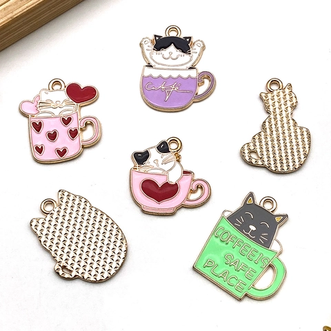 Cute Cartoon Cat Coffee Cup Enamel Pendants Zinc Alloy Animal Charms For DIY Necklace Bracelet Keychain Jewelry Making Supplies Accessory