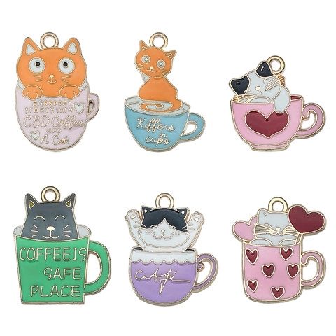 Cute Cartoon Cat Coffee Cup Enamel Pendants Zinc Alloy Animal Charms For DIY Necklace Bracelet Keychain Jewelry Making Supplies Accessory