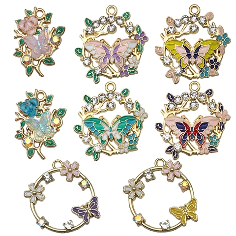 DIY Jewelry Alloy Butterfly Floral Pendants Enamel Drip Oil Rhinestone Charms Gold Plated Flower Garland For Necklace Earrings Keychain Making For Women