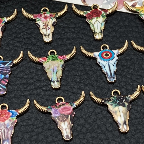 Bohemian Vintage Zinc Alloy Bull Head Pendants Enamel Flower Printed Charms For DIY Earring Necklace Jewelry Making