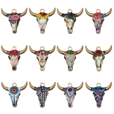 Bohemian Vintage Zinc Alloy Bull Head Pendants Enamel Flower Printed Charms For DIY Earring Necklace Jewelry Making