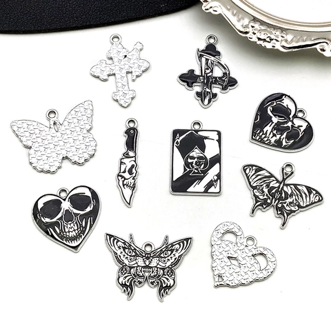 Gothische Legierung Emaille Totenkopf Schmetterling Herz Kreuz Anhänger DIY Schmuckherstellung Halloween Dunkler Stil Halskette Zubehör