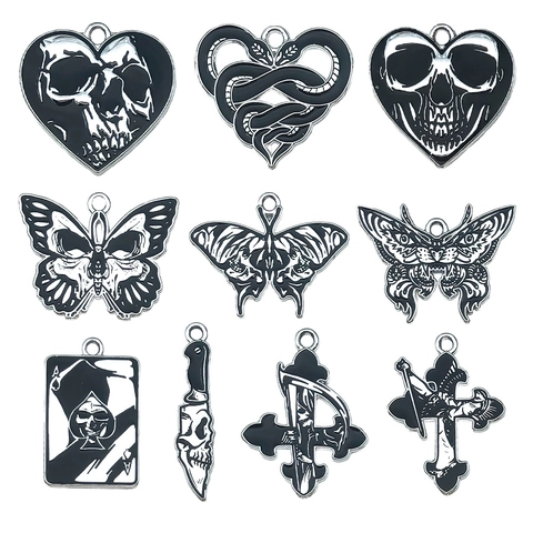 Gothische Legierung Emaille Totenkopf Schmetterling Herz Kreuz Anhänger DIY Schmuckherstellung Halloween Dunkler Stil Halskette Zubehör
