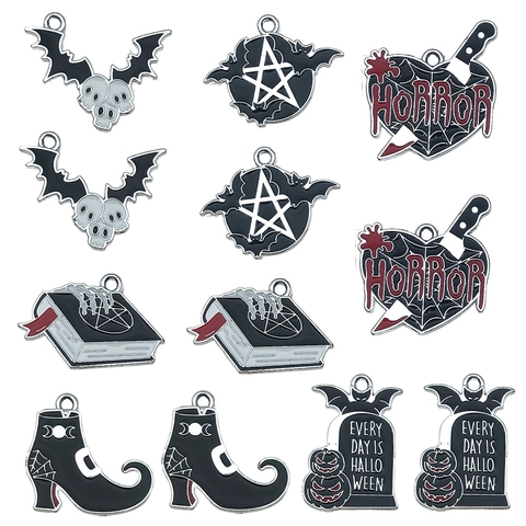 Halloween Alloy Enamel Charms Pendants Dark Gothic Style Pumpkin Bat Tombstone Magic Book DIY Jewelry Making Accessories