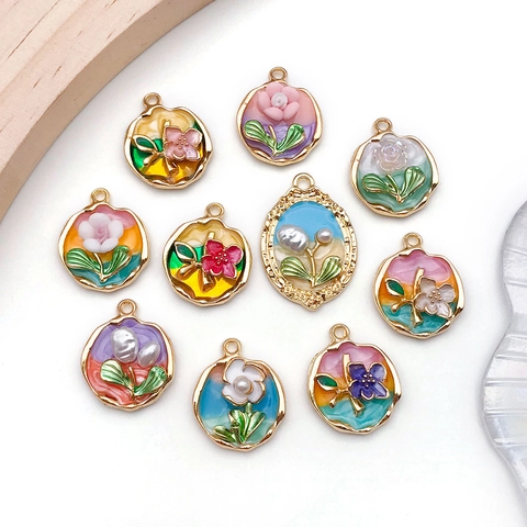 Französische Vintage Zinklegierung Blumen Emaille Anhänger Mit Kunstperle Für DIY Schmuckherstellung Halskette Schlüsselanhänger Zubehör Nur Anhänger (Ohne Kette)