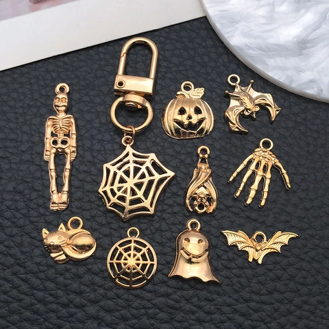DIY Halloween Alloy Charms Pendant Set Skeleton Ghost Pumpkin Spider Bat Witch For Jewelry Making Accessory Gold Silver