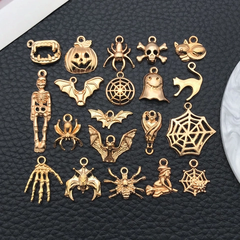 DIY Halloween Alloy Charms Pendant Set Skeleton Ghost Pumpkin Spider Bat Witch For Jewelry Making Accessory Gold Silver