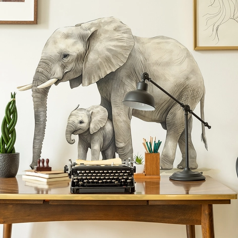 Pegatinas de Pared de Acuarela Madre y Bebé Elefante Mural de Animal de PVC Removible para Habitación Infantil Dormitorio Decoración