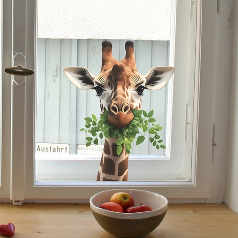 Adesivo Murale in PVC Giraffa Realistica che Mangia Foglie Rimovibile Autoadesivo Finestra Home Decor Murale Animale Camera