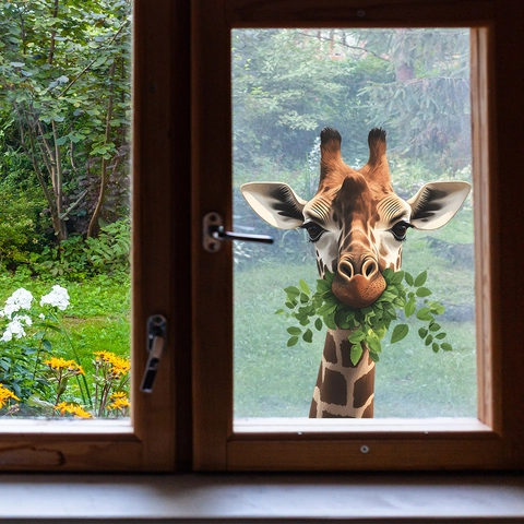 Adesivo Murale in PVC Giraffa Realistica che Mangia Foglie Rimovibile Autoadesivo Finestra Home Decor Murale Animale Camera