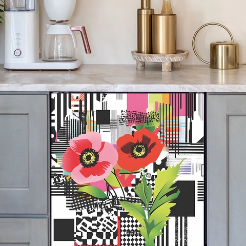 Rosa Rote Mohnblume Geometrische Spülmaschinen Aufkleber PVC Selbstklebend Küche Deko Aufkleber Für Kühlschrank Schrank Haus Deko