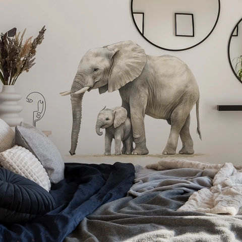 Pegatinas de Pared de Acuarela Madre y Bebé Elefante Mural de Animal de PVC Removible para Habitación Infantil Dormitorio Decoración