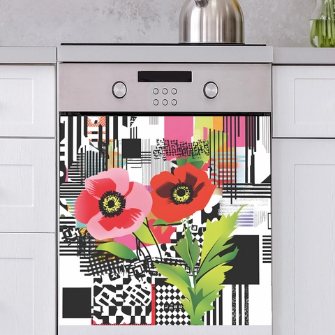 Rosa Rote Mohnblume Geometrische Spülmaschinen Aufkleber PVC Selbstklebend Küche Deko Aufkleber Für Kühlschrank Schrank Haus Deko