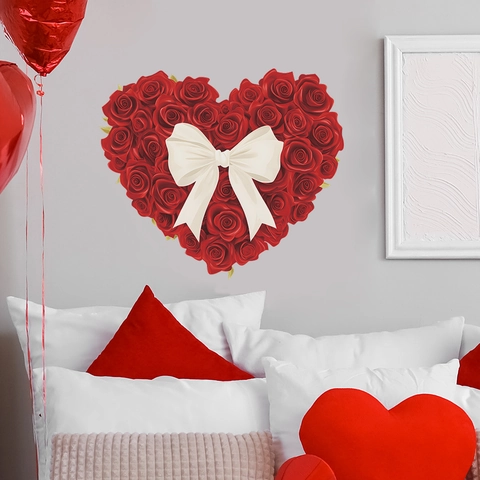Vinilo Decorativo Romántico De Corazón De Rosas Rojas Con Lazo Blanco PVC Autoadhesivo Para Dormitorio Boda San Valentín