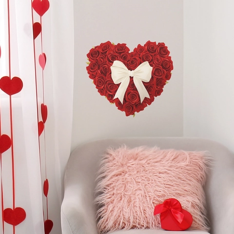 Vinilo Decorativo Romántico De Corazón De Rosas Rojas Con Lazo Blanco PVC Autoadhesivo Para Dormitorio Boda San Valentín