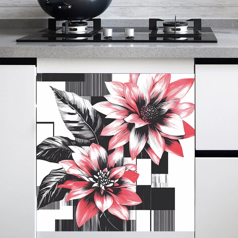 Sticker Mural Décoratif Floral Créatif pour Armoire de Cuisine Lave-vaisselle PVC Moderne Minimaliste Fleur Géométrique