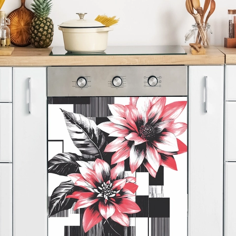 Sticker Mural Décoratif Floral Créatif pour Armoire de Cuisine Lave-vaisselle PVC Moderne Minimaliste Fleur Géométrique