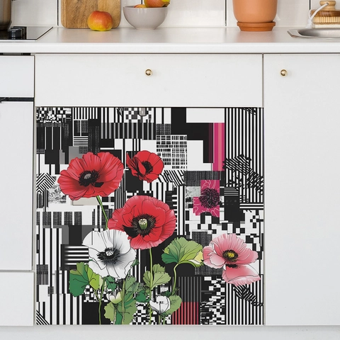 Pegatina De Lavavajillas Floral Amapola Roja Rayas Geométricas PVC Autoadhesiva Calcomanía Para Cocina Decoración