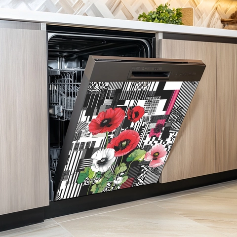 Pegatina De Lavavajillas Floral Amapola Roja Rayas Geométricas PVC Autoadhesiva Calcomanía Para Cocina Decoración