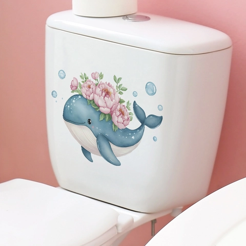 Adesivo da Parete Balena Blu con Peonia Rosa PVC Removibile Estetico per Bagno e Toilette Decorazione per la Casa e Dormitorio