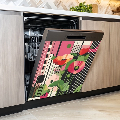 Moderne Abstrakte Mohnblume Geschirrspüler Aufkleber PVC Wasserdicht Selbstklebend Küchenschrank Wandtattoo Geometrisch