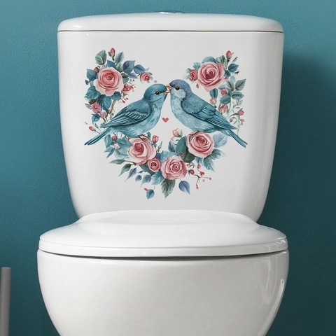 Uccelli Blu E Rosa Rosa Cuore Ghirlanda Rimovibile PVC Adesivo Da Parete Per Coperchio Del Water Casa Bagno Camera Da Letto