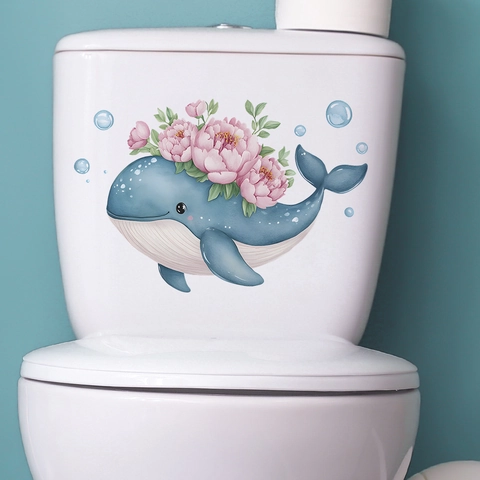 Adesivo da Parete Balena Blu con Peonia Rosa PVC Removibile Estetico per Bagno e Toilette Decorazione per la Casa e Dormitorio