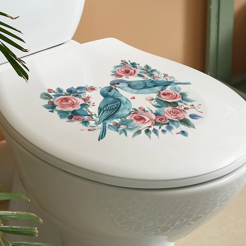 Uccelli Blu E Rosa Rosa Cuore Ghirlanda Rimovibile PVC Adesivo Da Parete Per Coperchio Del Water Casa Bagno Camera Da Letto