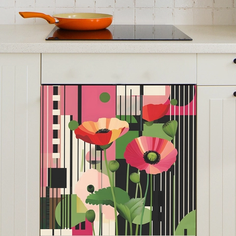 Moderne Abstrakte Mohnblume Geschirrspüler Aufkleber PVC Wasserdicht Selbstklebend Küchenschrank Wandtattoo Geometrisch
