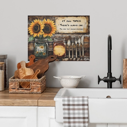 Vintage Rustic Sunflower Glass Jar Tableware Wall Sticker PVC Self Adhesive Kitchen Dining Room Decor Wall Decal English Slogan