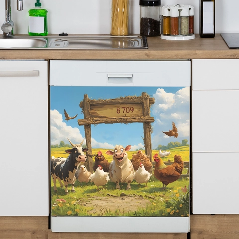Sticker Lave Vaisselle Armoire Cuisine Animaux Ferme Vache Poulet Sticker Mural Décoratif PVC Auto Adhésif Amovible