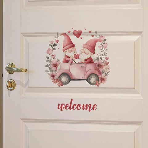Cartoon Kabouters Roze Auto Welkom Muursticker Verwijderbaar Waterdicht PVC Bloemen Hart Deur Sticker Voor Kinderkamer Decor