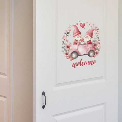 Cartoon Kabouters Roze Auto Welkom Muursticker Verwijderbaar Waterdicht PVC Bloemen Hart Deur Sticker Voor Kinderkamer Decor