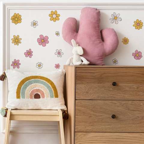 PVC Daisy Flower Wall Stickers Self Adhesive Colorful Floral Decals For Kids Nursery Bedroom Home Decoration
