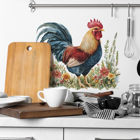 Colorful Rooster Floral Wall Sticker Watercolor Style Self-Adhesive Removable PVC Decal For Kitchen Bedroom Living Room Home Decoration