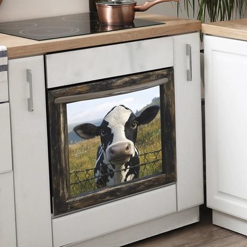 Funny 3D Cow In Grassland Window View Wall Sticker Self Adhesive PVC Waterproof Dishwasher Cabinet Kitchen Home Decor Decal