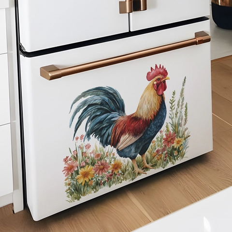 Colorful Rooster Floral Wall Sticker Watercolor Style Self-Adhesive Removable PVC Decal For Kitchen Bedroom Living Room Home Decoration