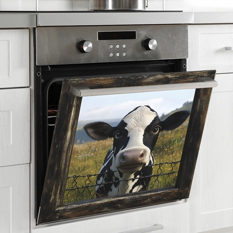 Funny 3D Cow In Grassland Window View Wall Sticker Self Adhesive PVC Waterproof Dishwasher Cabinet Kitchen Home Decor Decal