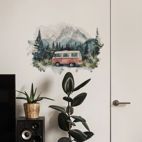 Stickers Muraux Van de Jungle Rétro à l'Aquarelle PVC Autocollant Paysage de Forêt de Montagne pour Chambre d'Enfant